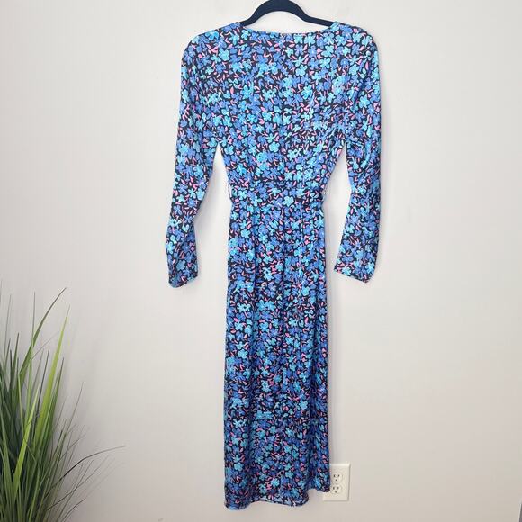 NEW NWT Zara Midi‎ Blue Floral Long Sleeve Satin Dress Small Belted Front Slit - Picture 8 of 10